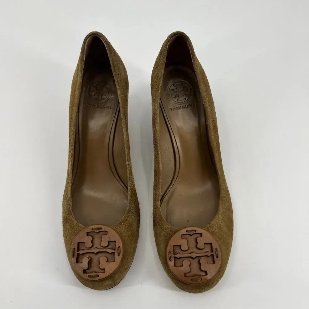 Tory Burch Sophie Olive Brown Suede Leather Logo Wedge Pumps classic Size 10.5